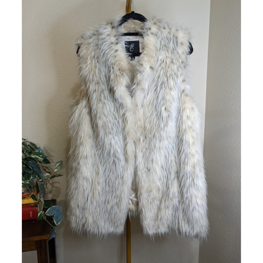 Rachel Zoe Faux Fur Vest Coat 2X Plus Boho Mobwife Glam Long Plush Snow Leopard